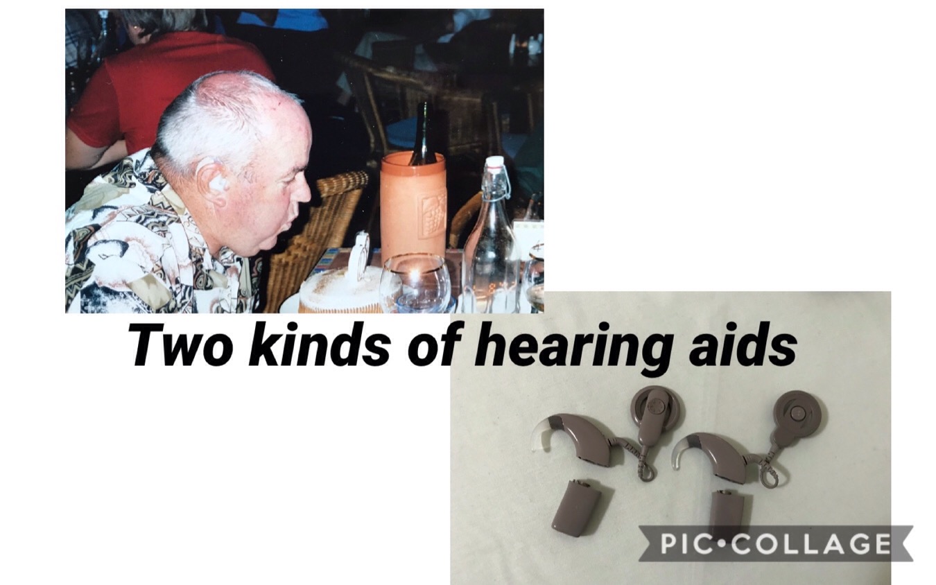 Top photo, older hearing aids, bottom photo, cochlear aids.
